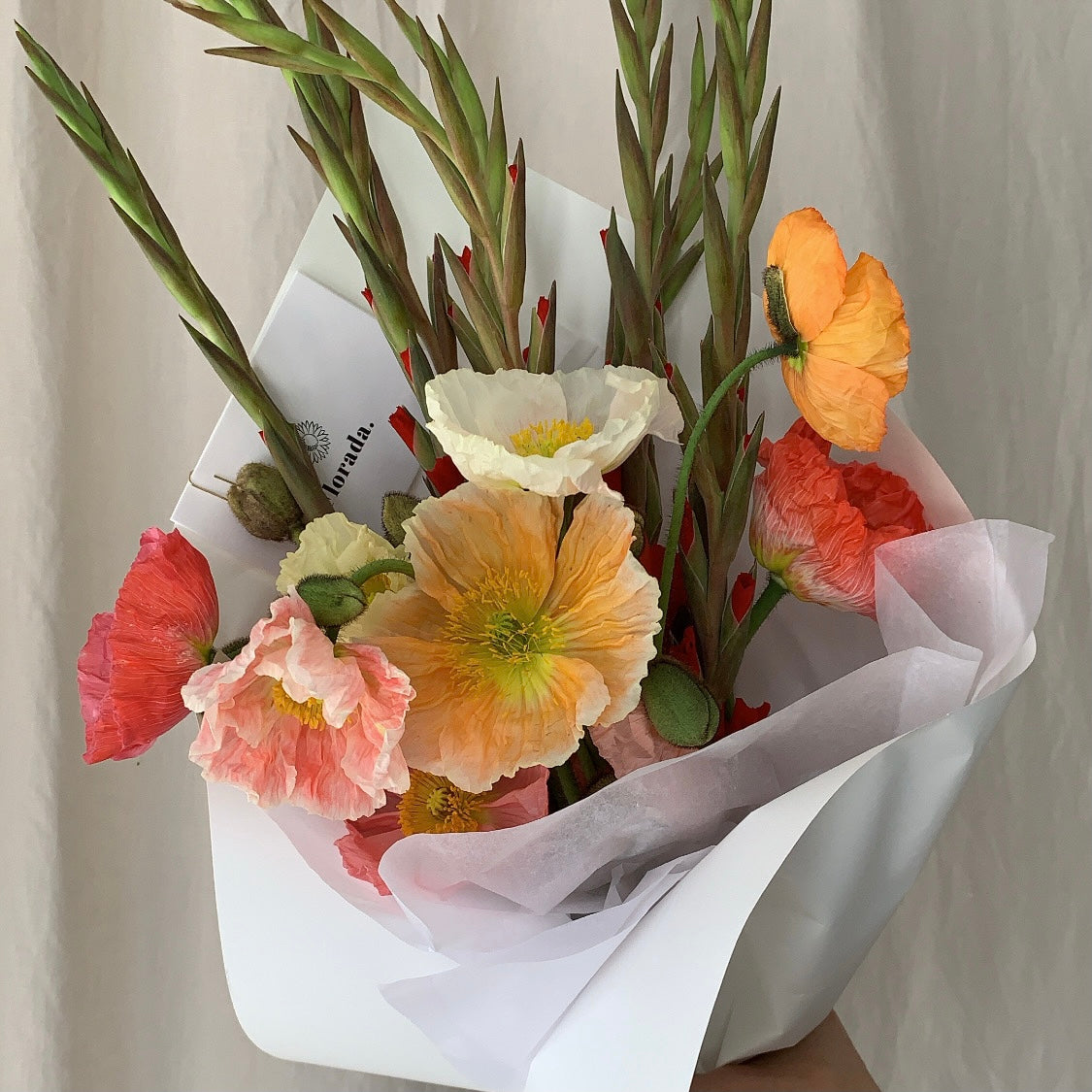 Posie of colourful poppies and mini gladioli wrapped in Florada gift wrap.
